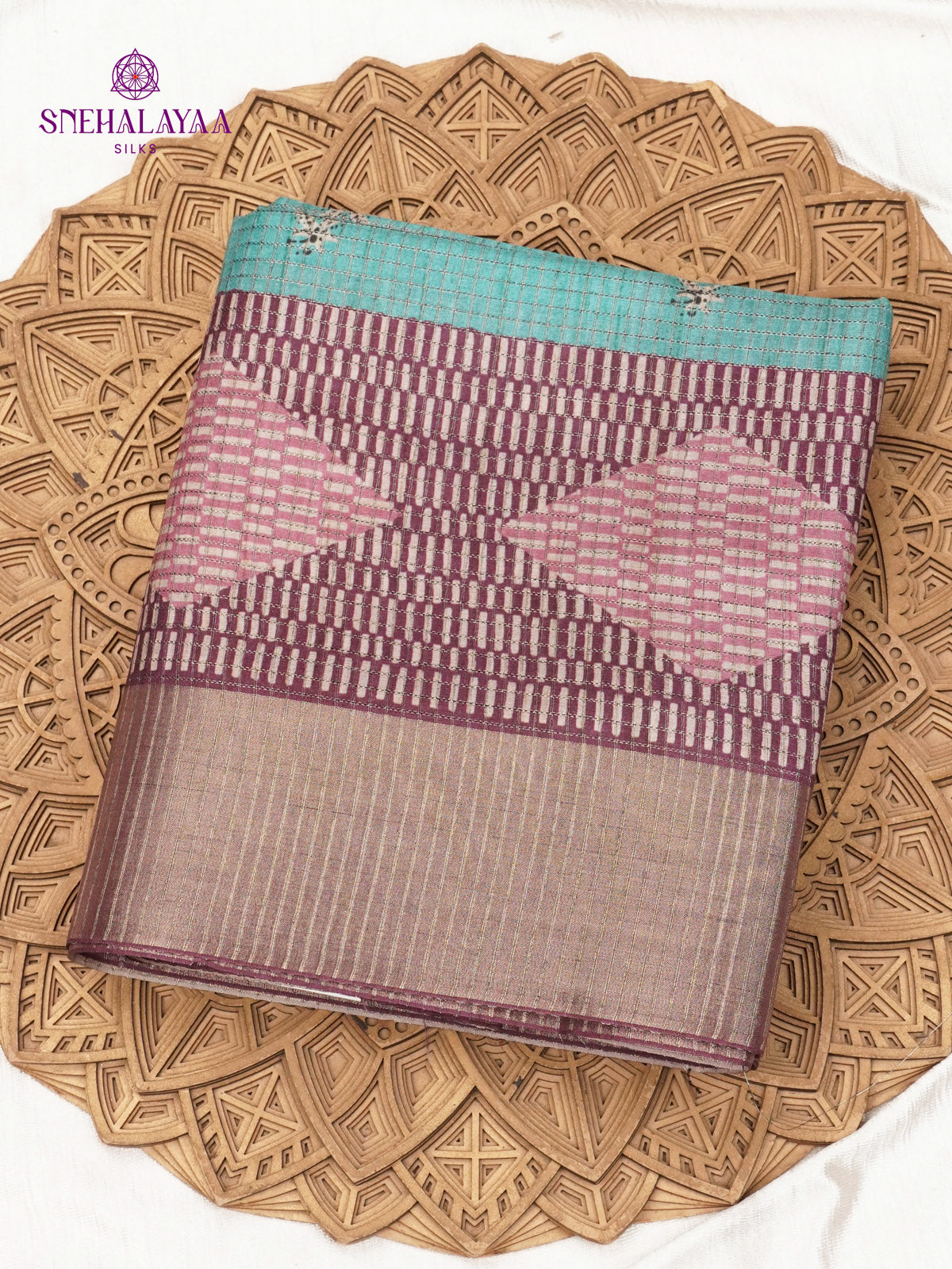 Teal Blue Floral Printed Tussar Saree