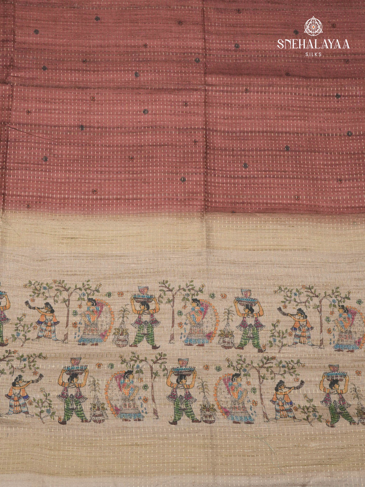 Brown Floral Printed Tussar Saree