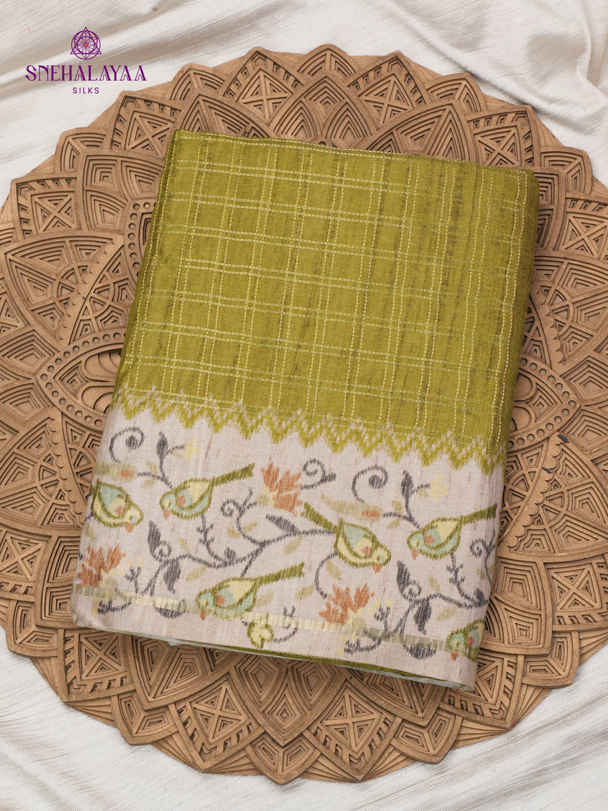 Lime Green Printed Tussar Saree