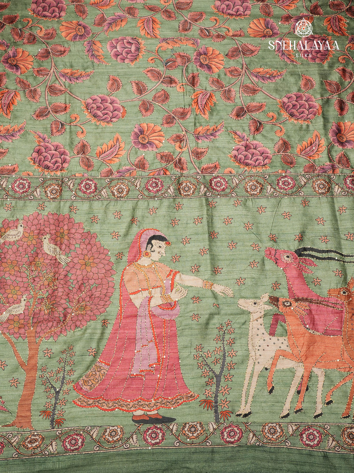 Olive Green Tussar Embroidery Saree