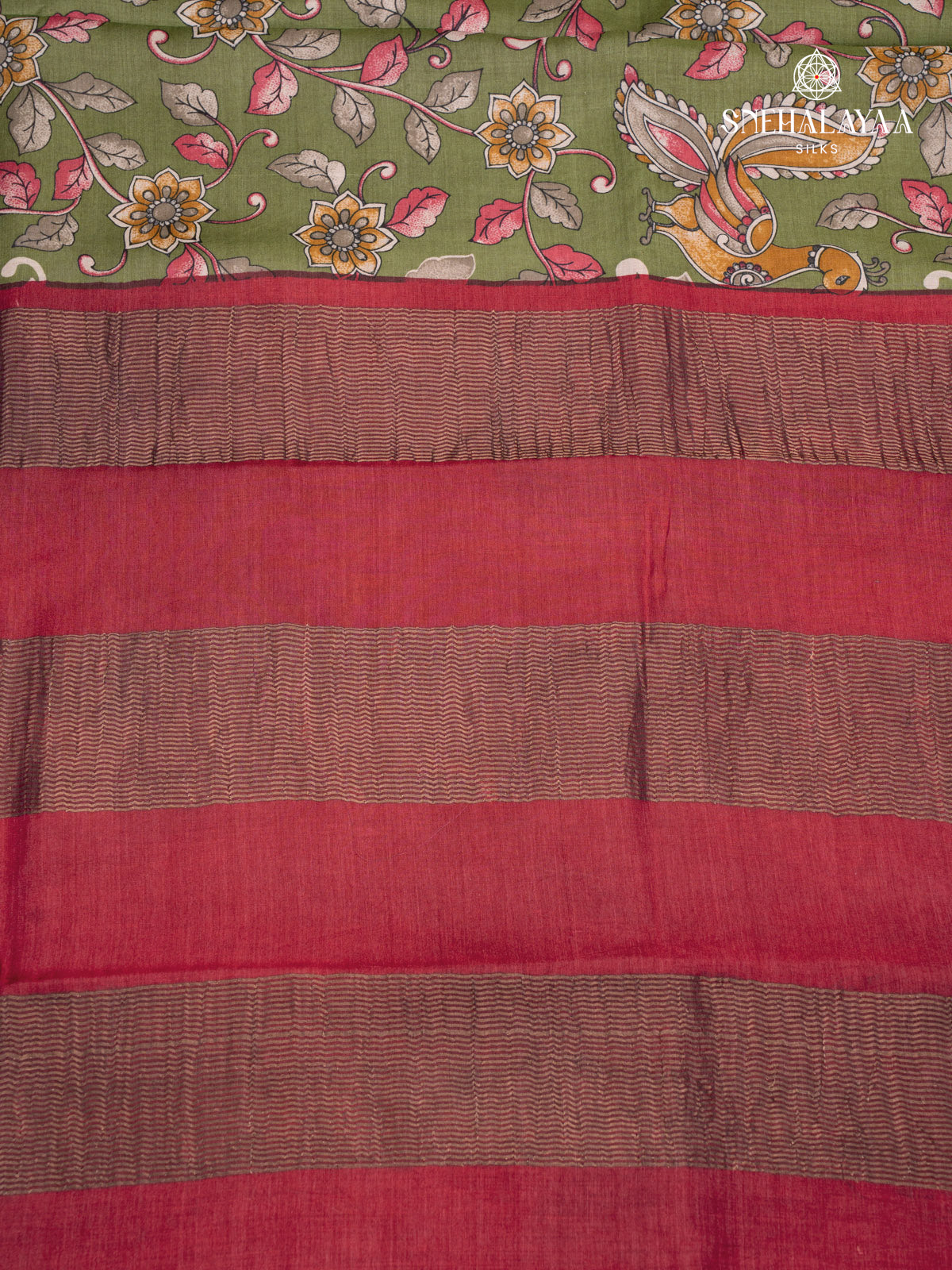 Olive Green Printed Tussar Saree