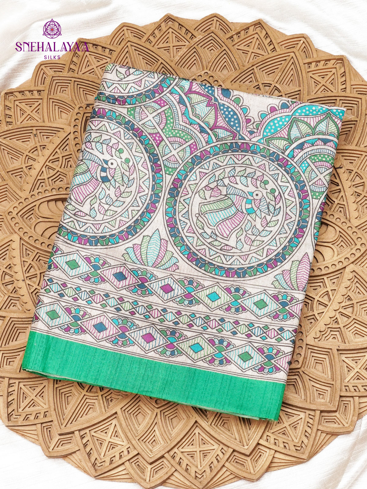 Beige With Green Border Madhubani Saree