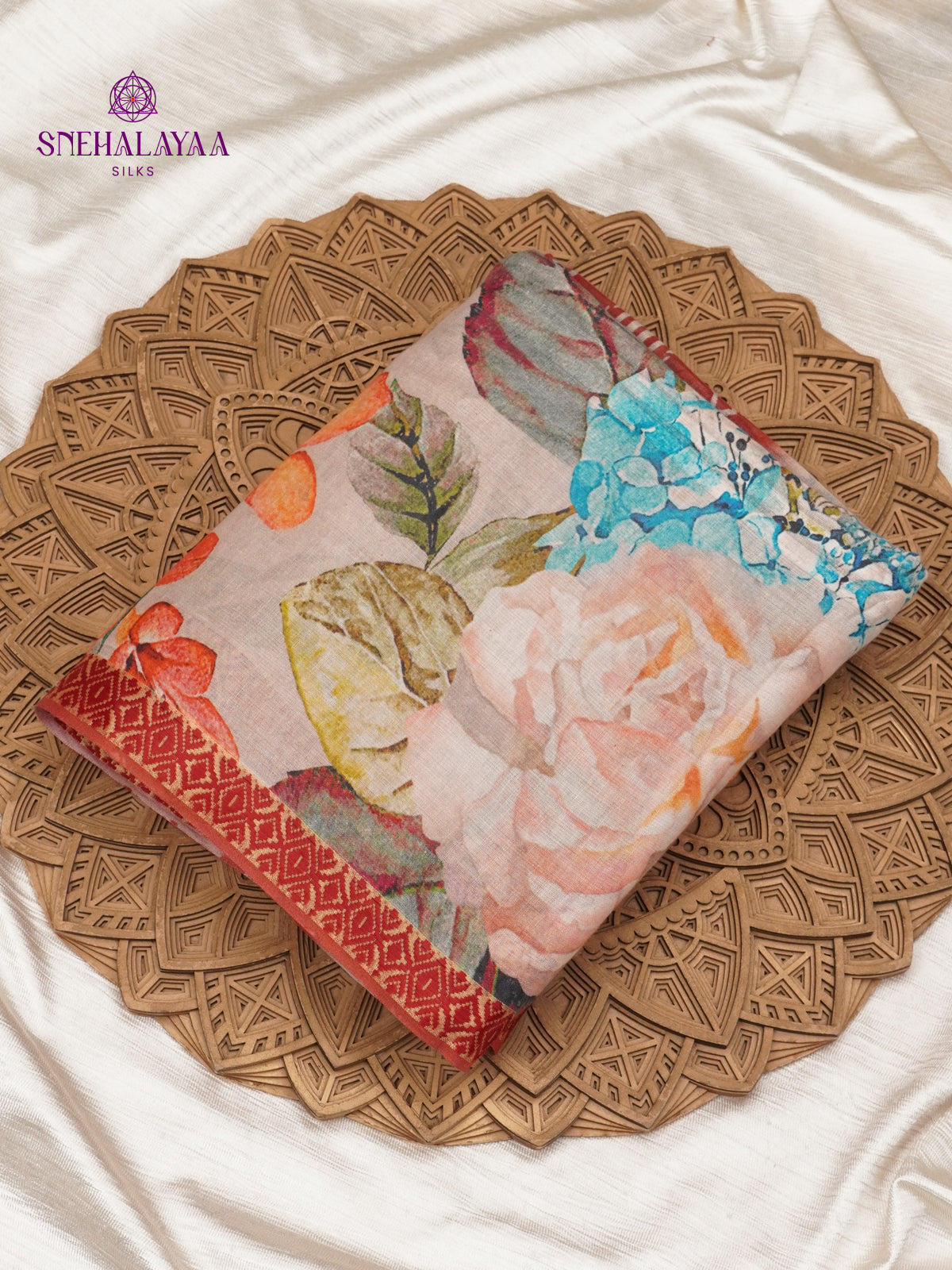 Beige Printed Linen Cotton Saree