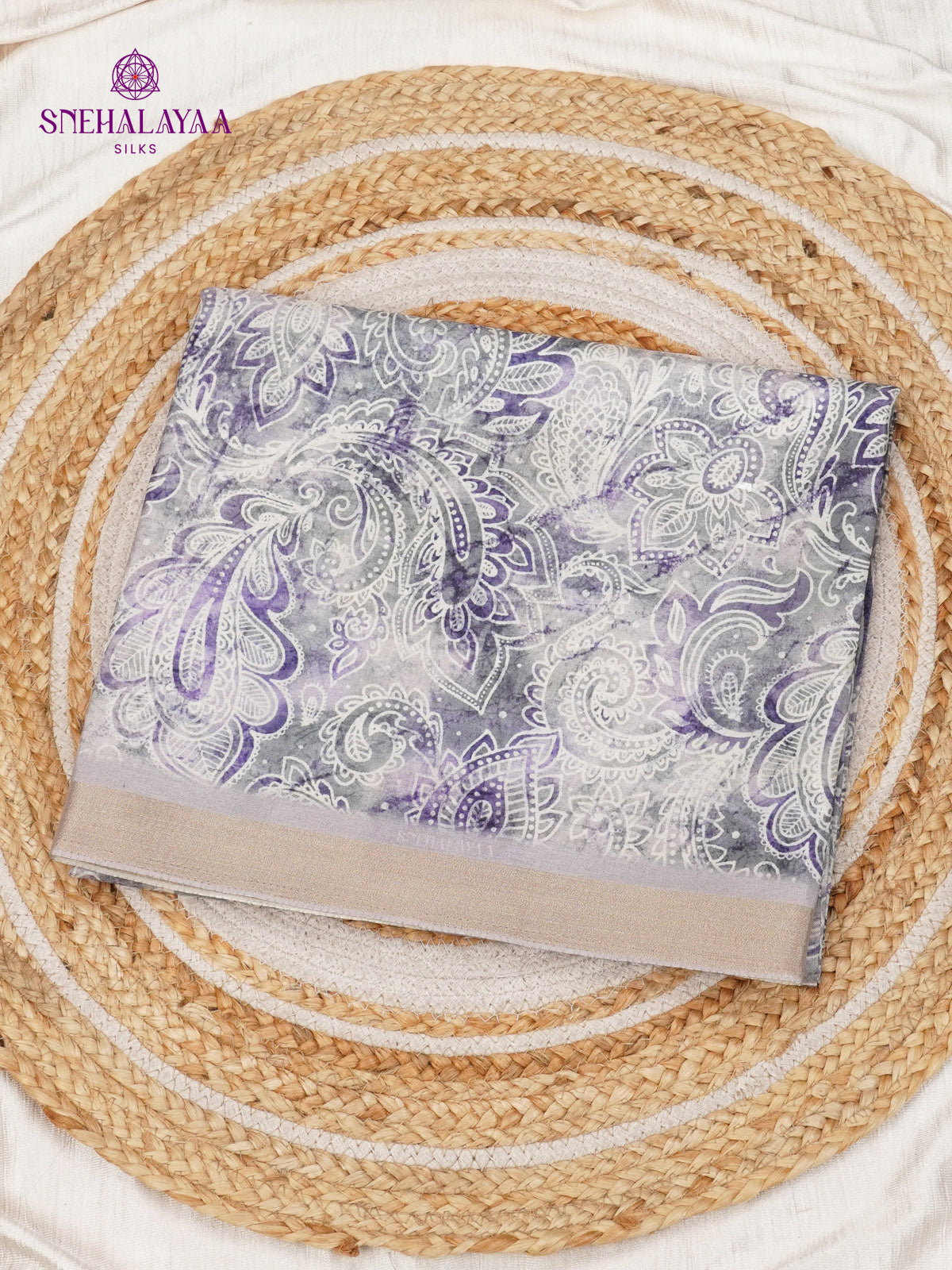 Purple Floral Printed Tussar Saree