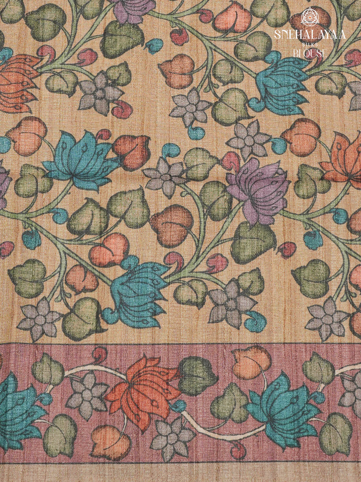 Peacock Blue Floral Printed Tussar Saree