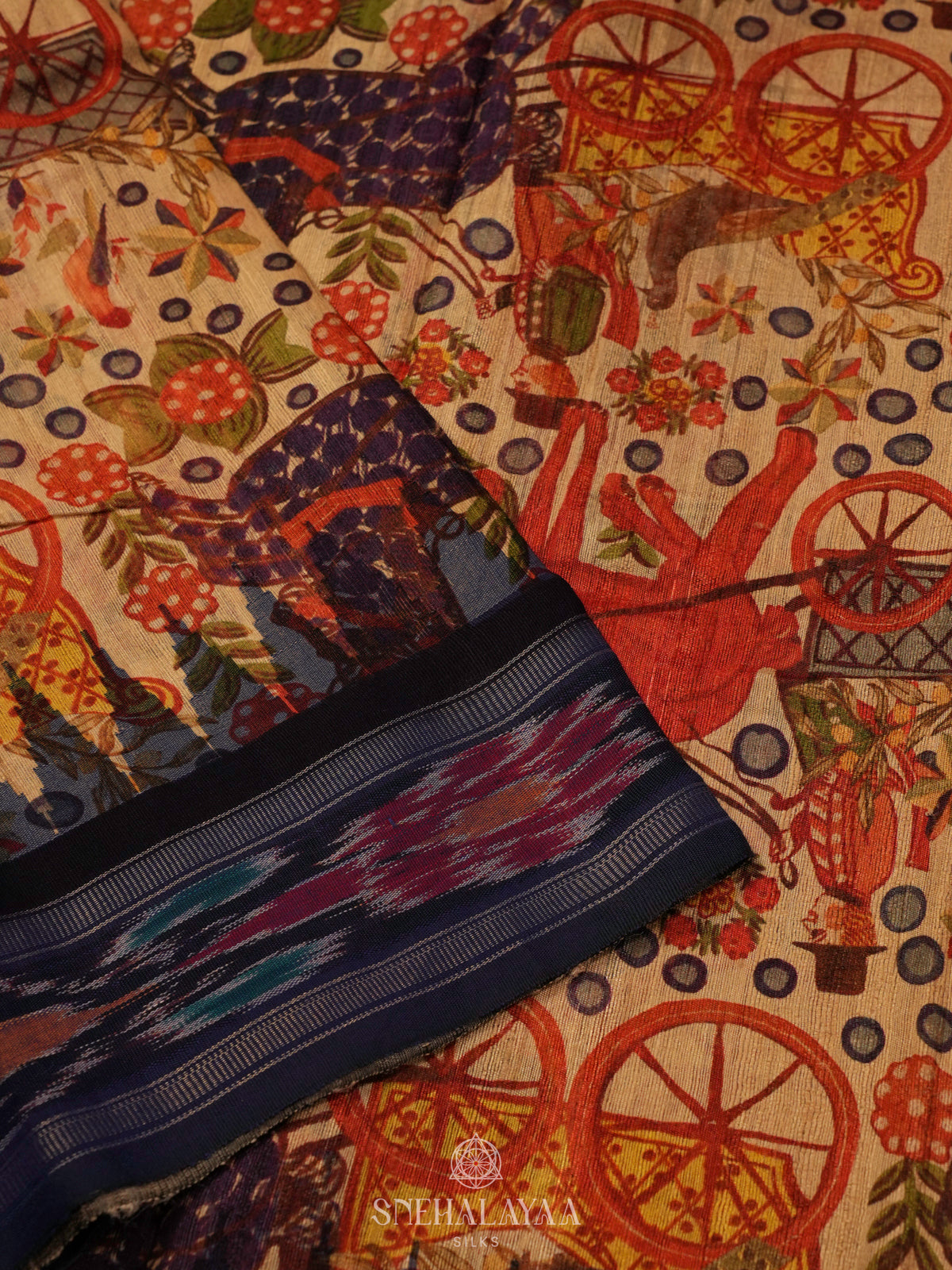 Beige Munga Tussar Saree with Navy Blue Border