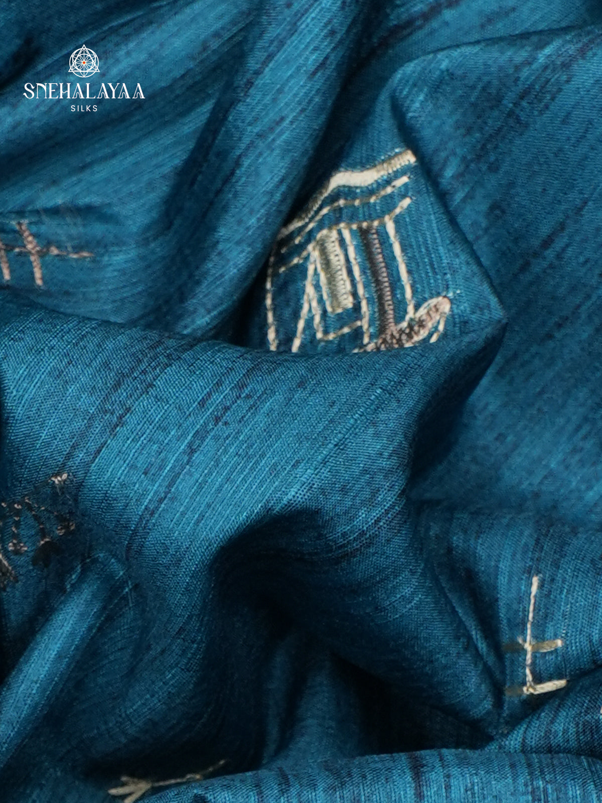 Teal Blue Tussar Embroidery Saree