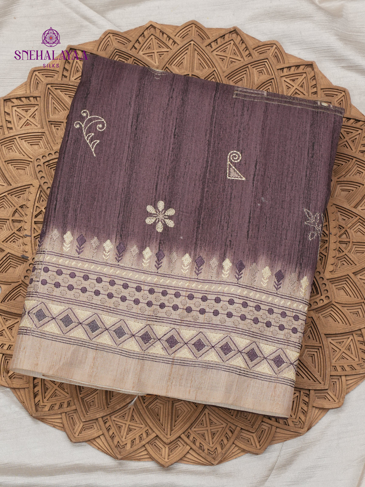 Brown Tussar Embroidery Saree