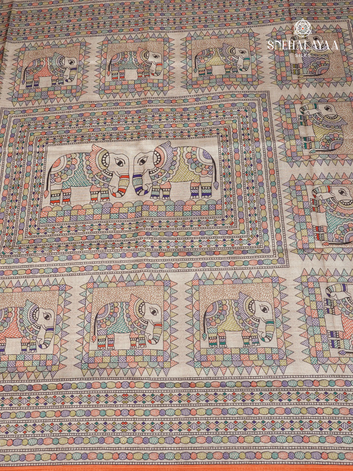 Beige With Orange Border Madhubani Saree