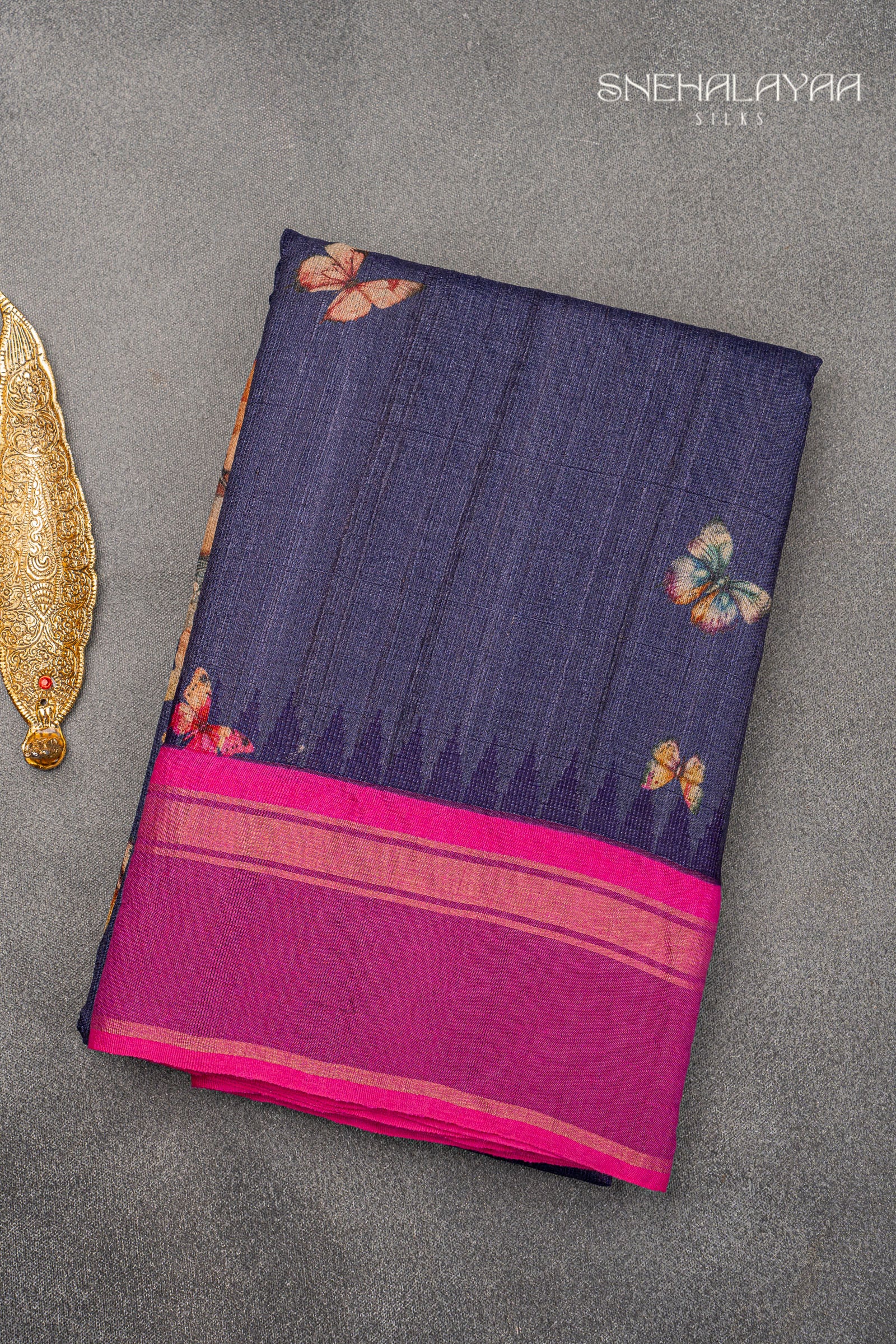 Indigo Blue Jute Tussar Saree