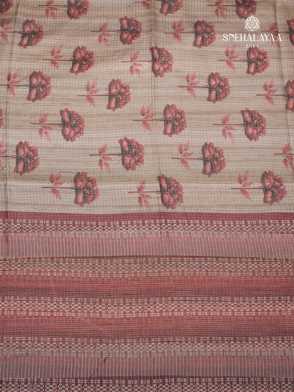 Brown Floral Printed Tussar Saree