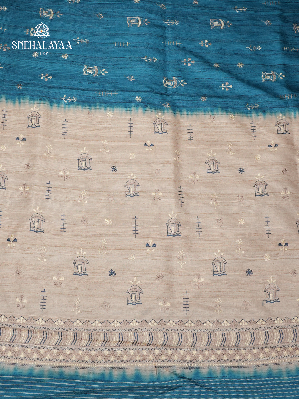 Teal Blue Tussar Embroidery Saree