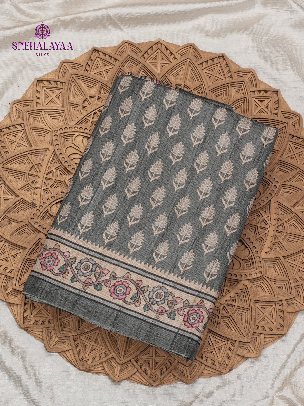 Grey Tussar Embroidery Saree