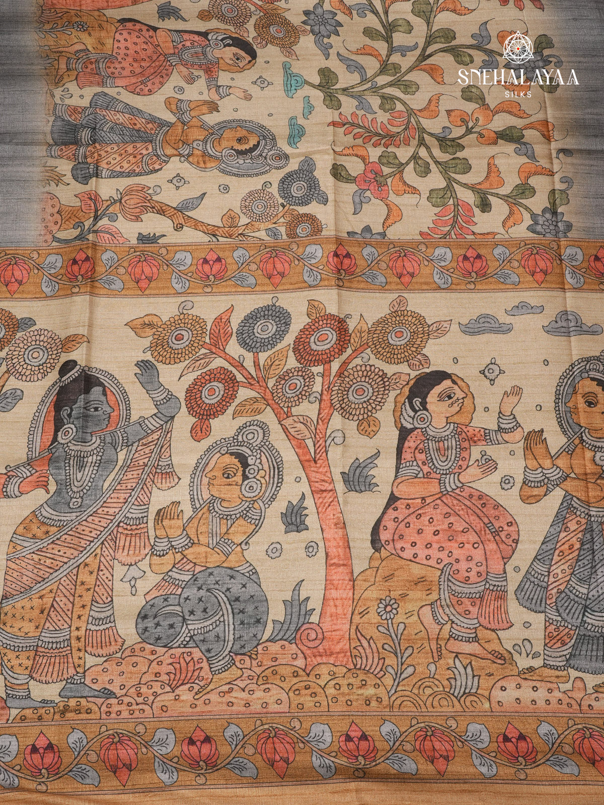 Beige With Grey Border Kalamkari Tussar Saree