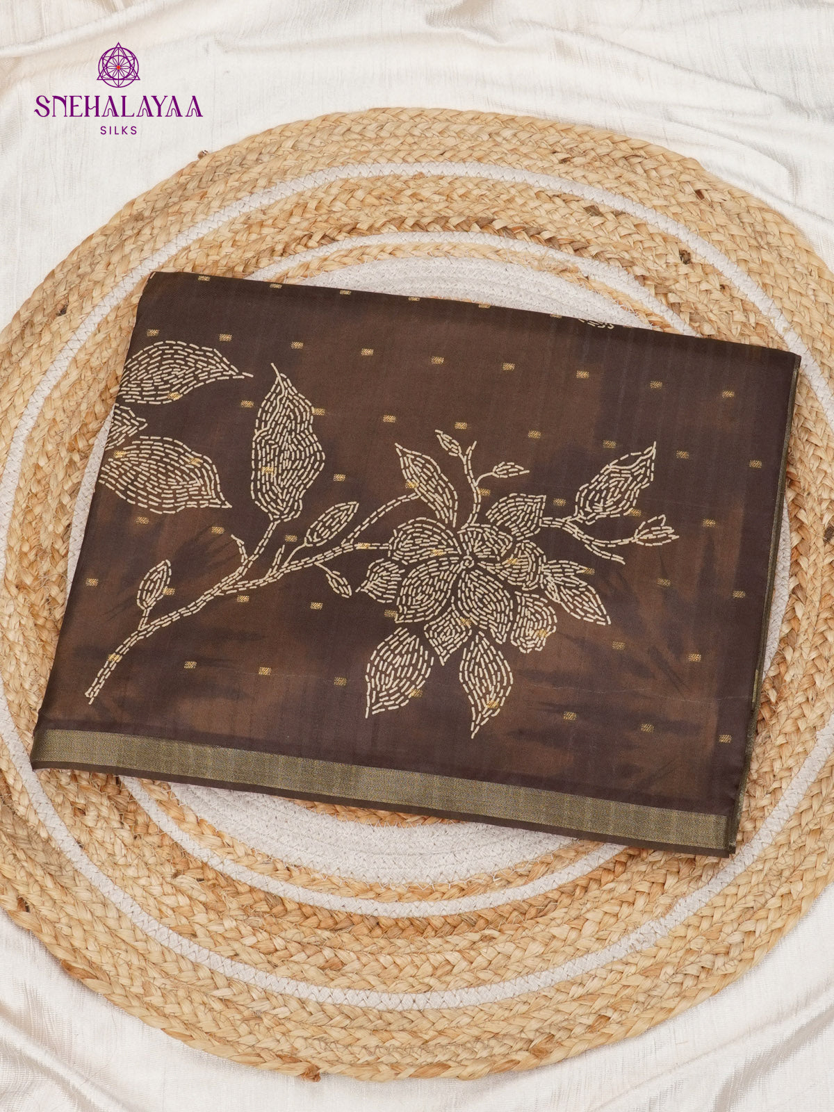 Brown Floral Printed Tussar Saree