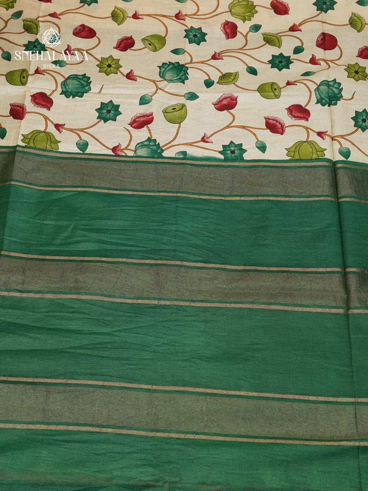 Beige With Green Border Bamboo Silk Saree