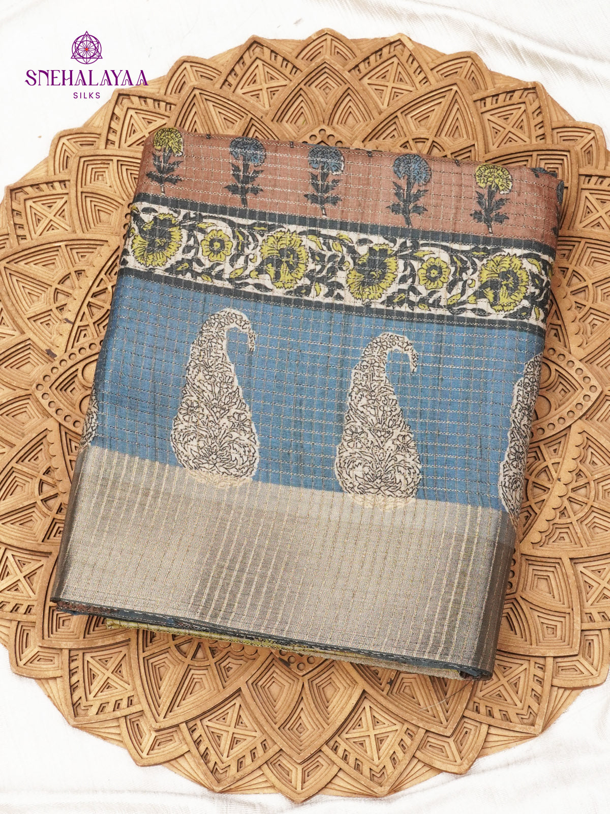 Beige Floral Printed Tussar Saree