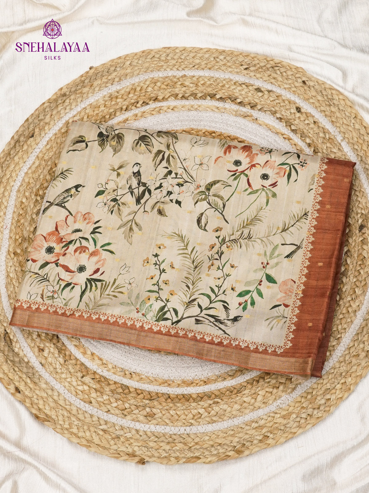 Orange Floral Printed Tussar Saree