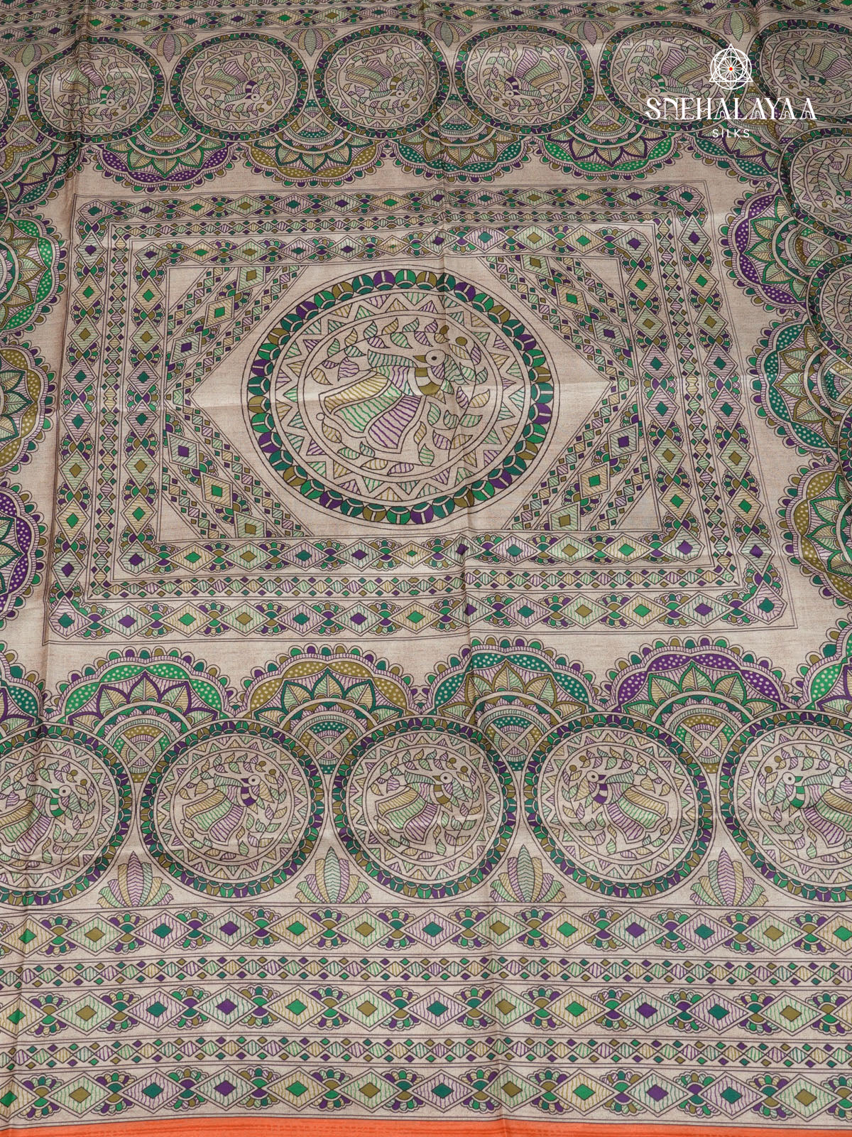 Beige With Orange Border Madhubani Saree