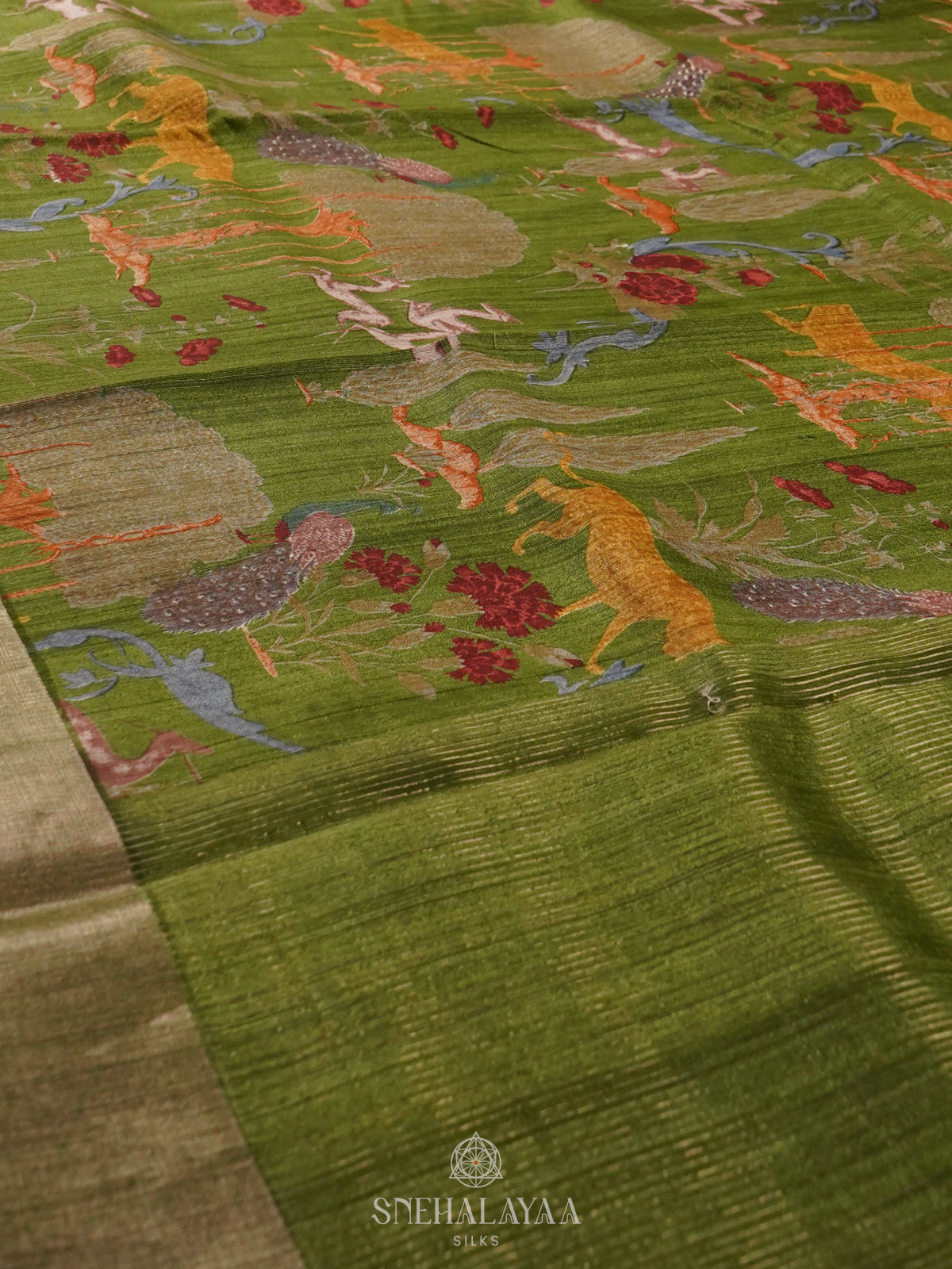 Olive Green Matka Tussar Saree