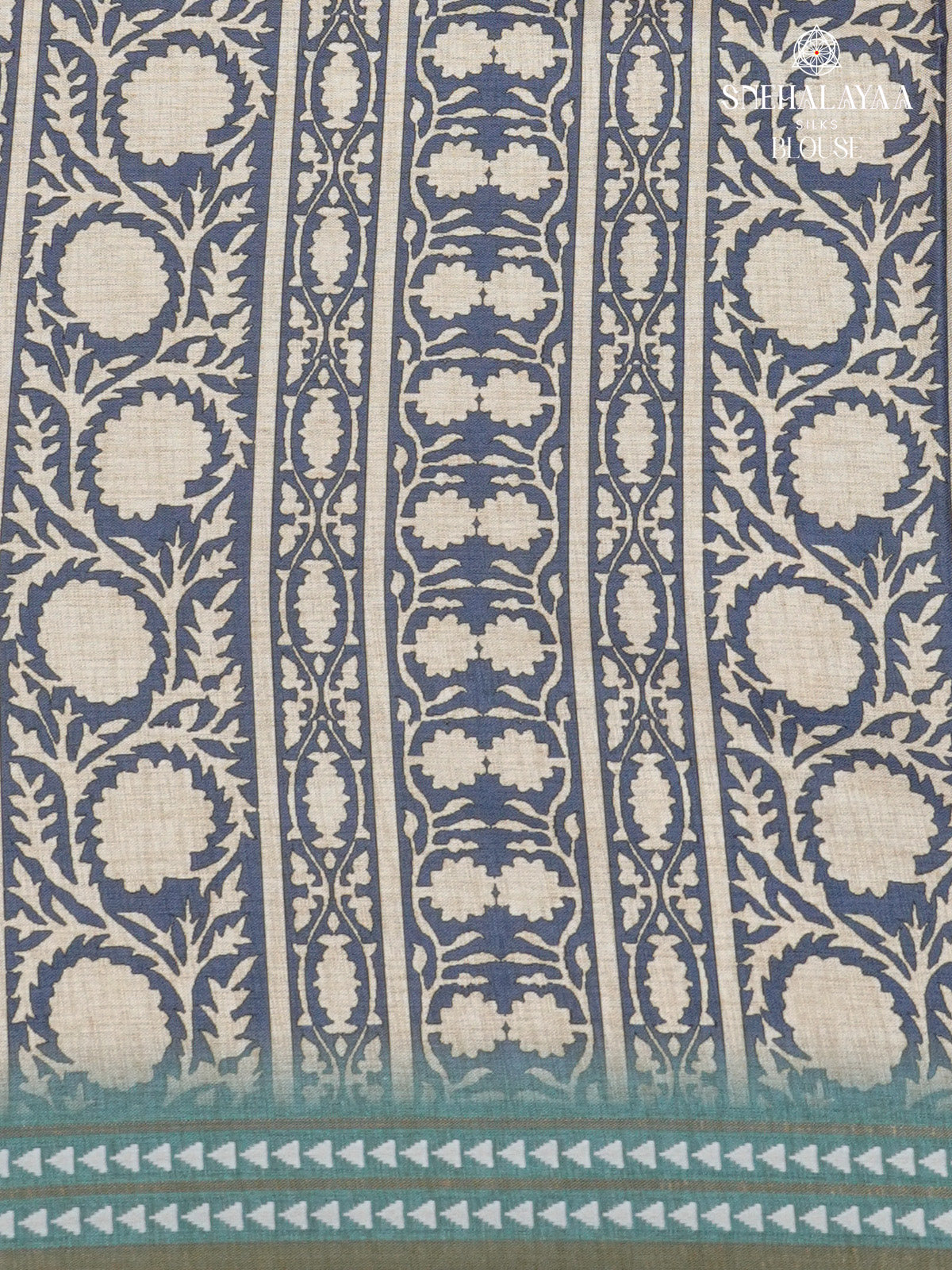 Teal Blue Floral Printed Tussar Saree