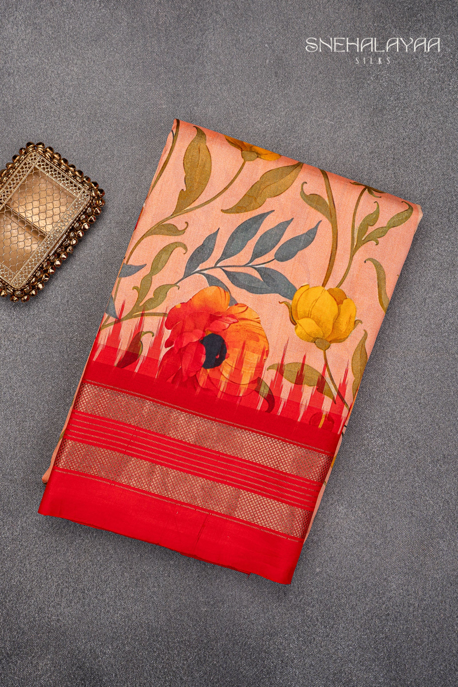 Peach Pink Printed Silk Saree