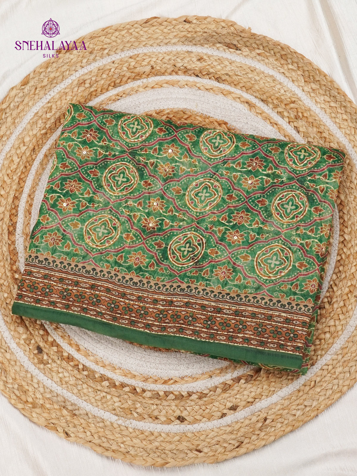 Forest Green Linen Embroidery Saree