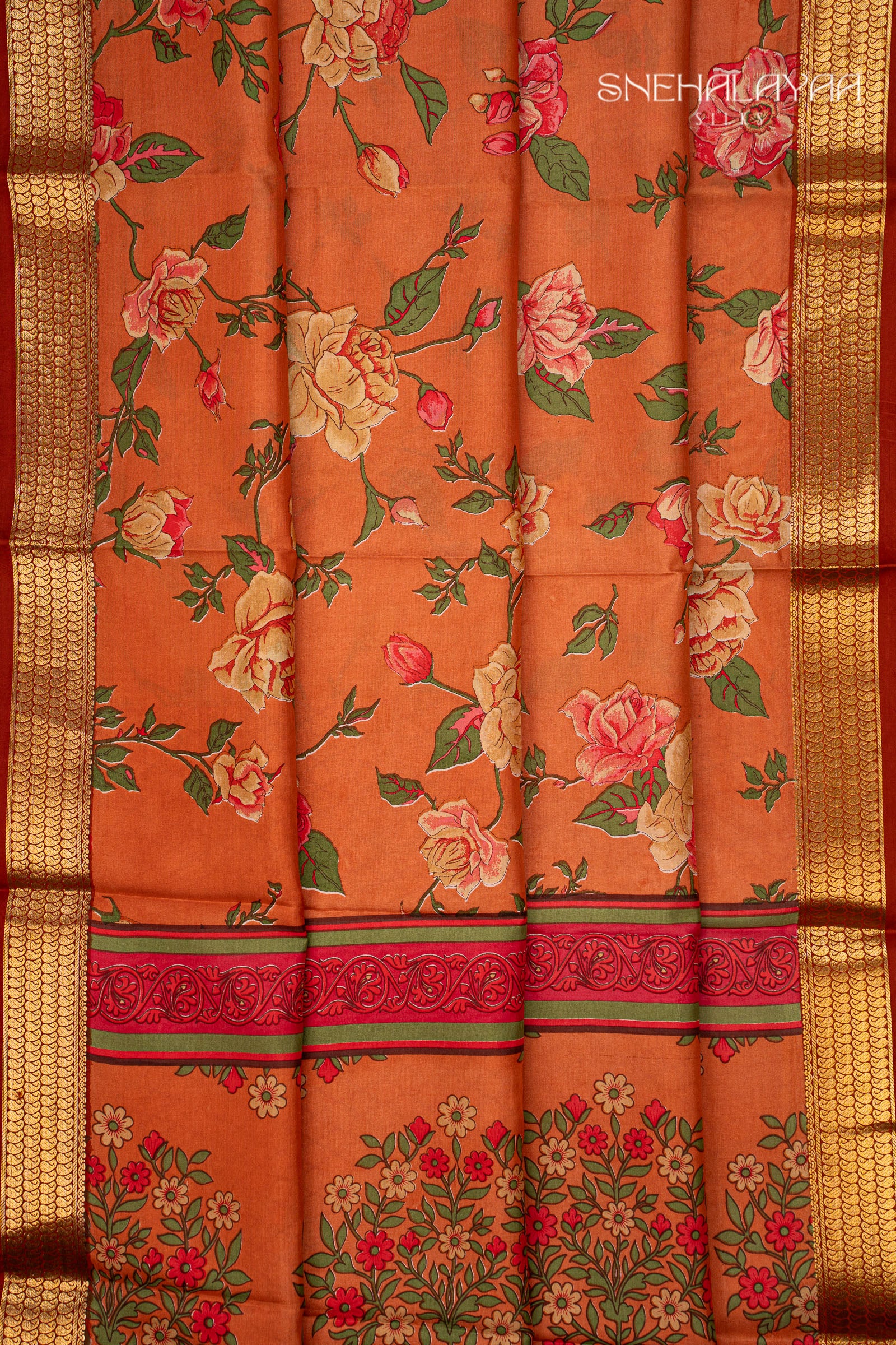 Orange Printed Mysore Silk Saree