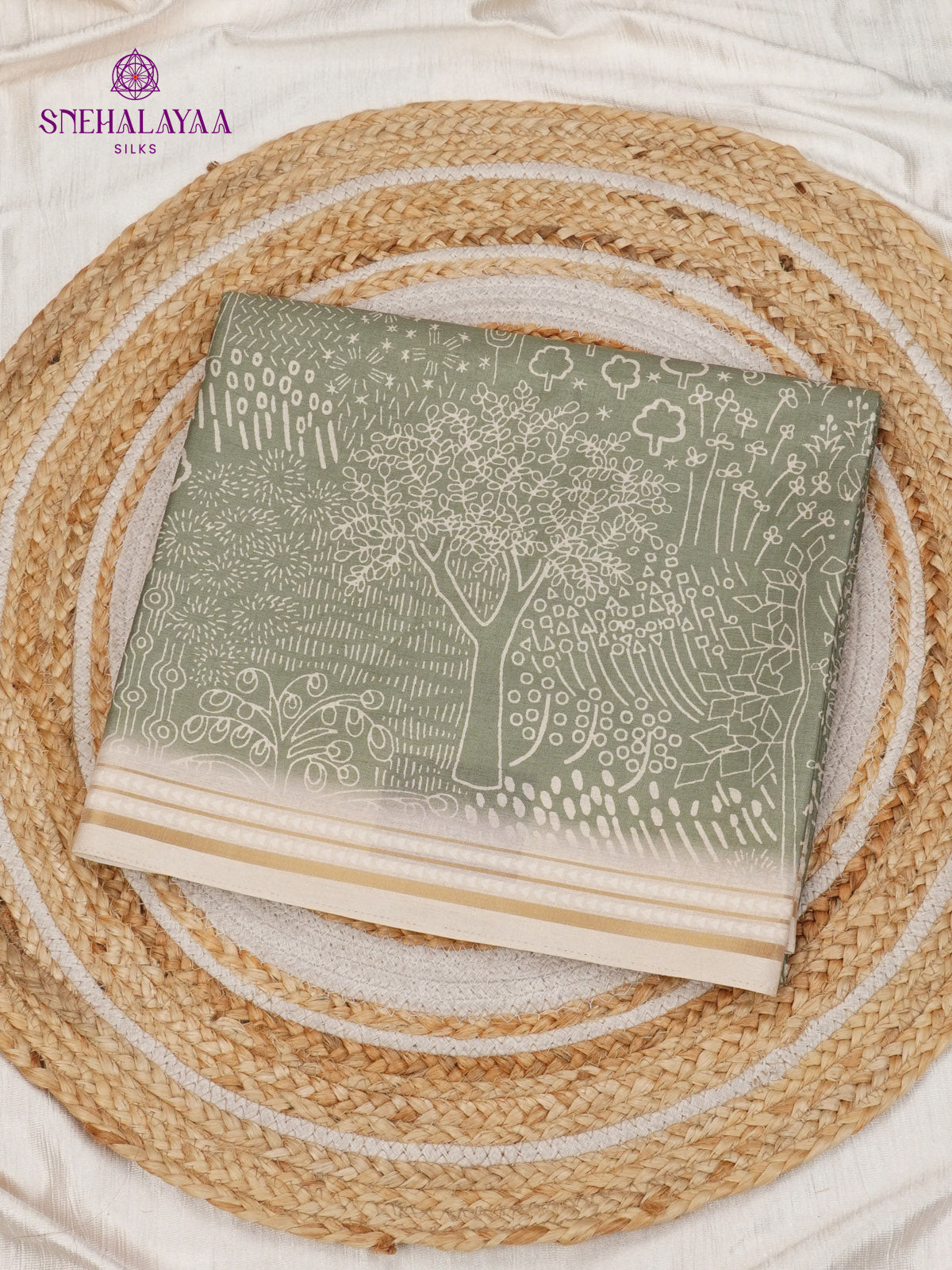 Moss Green Floral Printed Tussar Saree