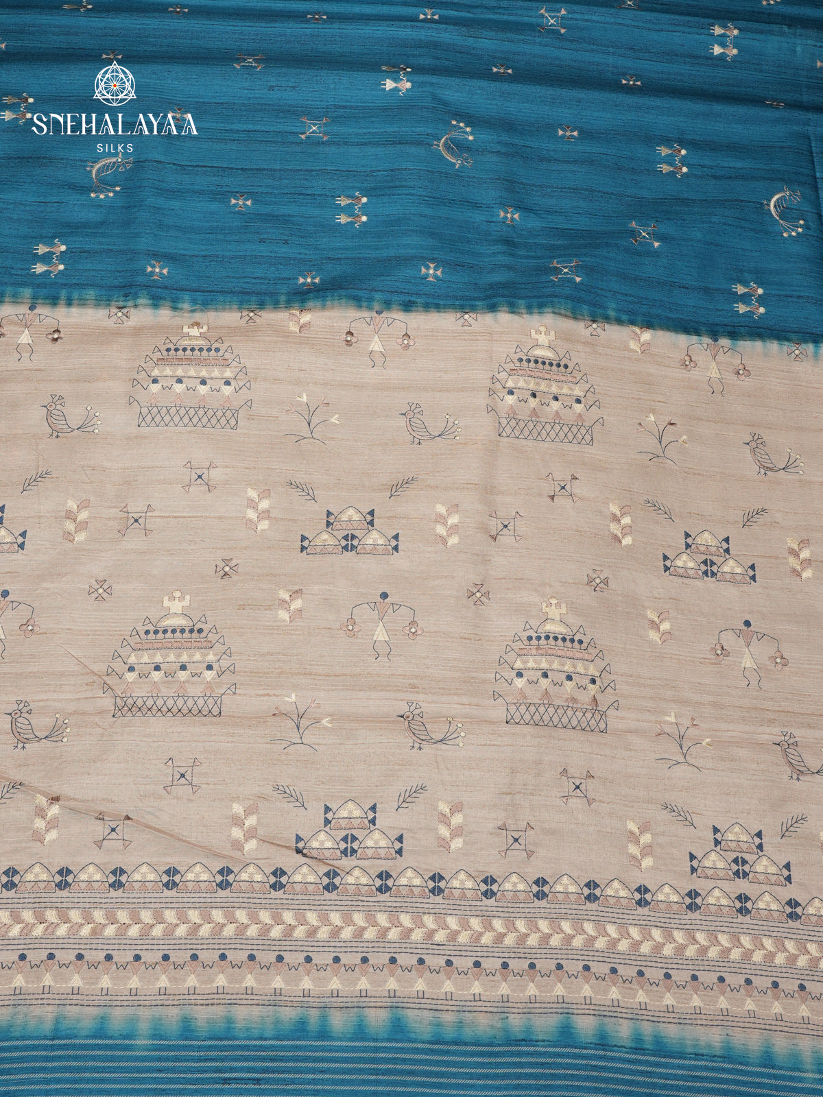 Peacock Blue Tussar Embroidery Saree