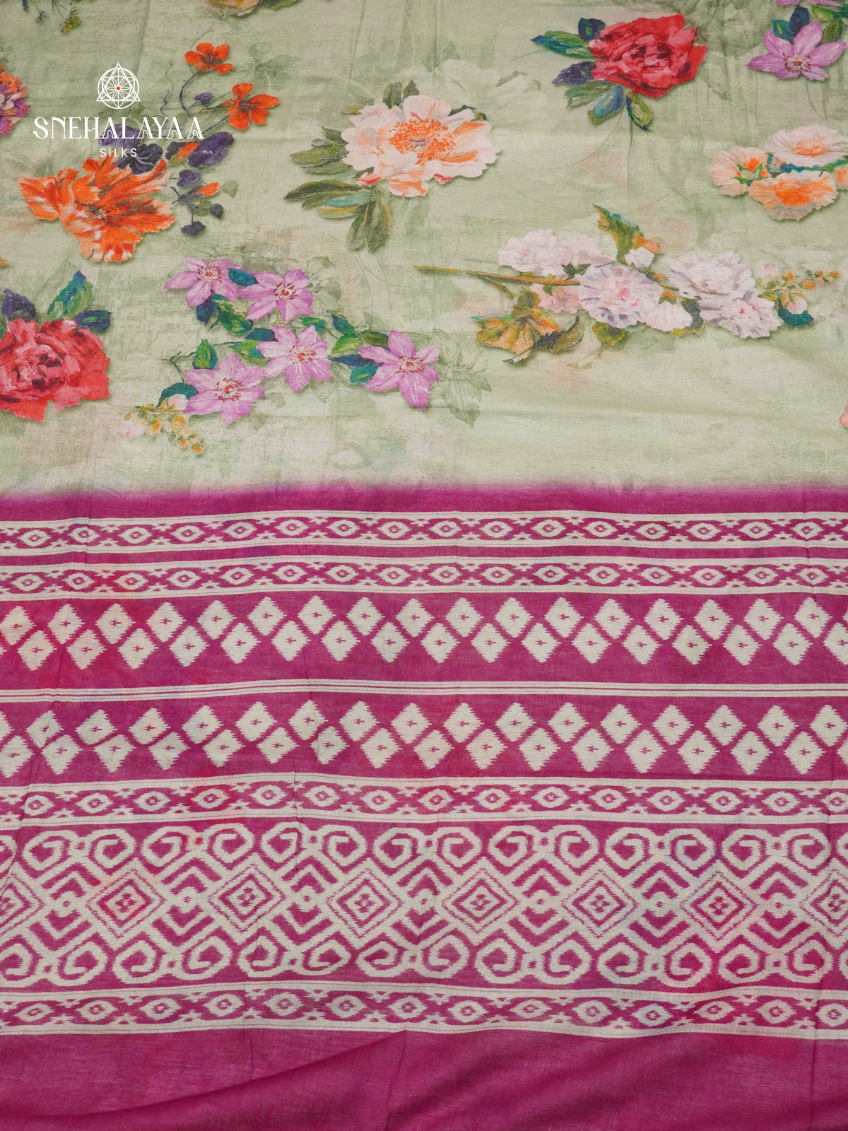 Sage Green Printed Linen Cotton Saree