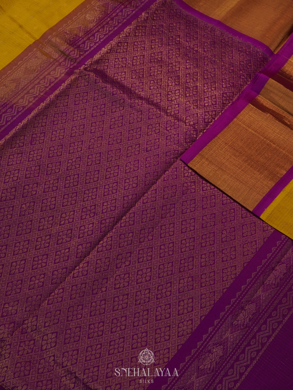 Yellow Kuppadam Silk Cotton Saree with Pink Border