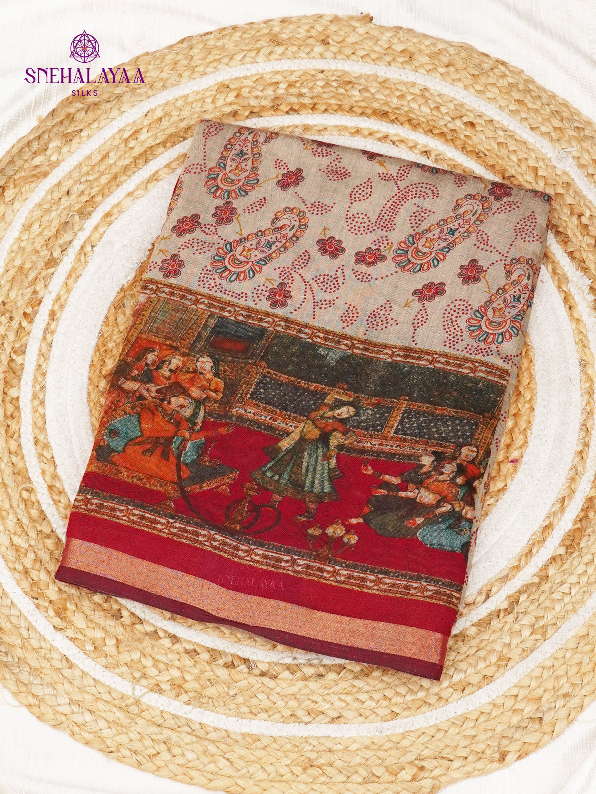 Beige With Red Border Munga Tussar Saree