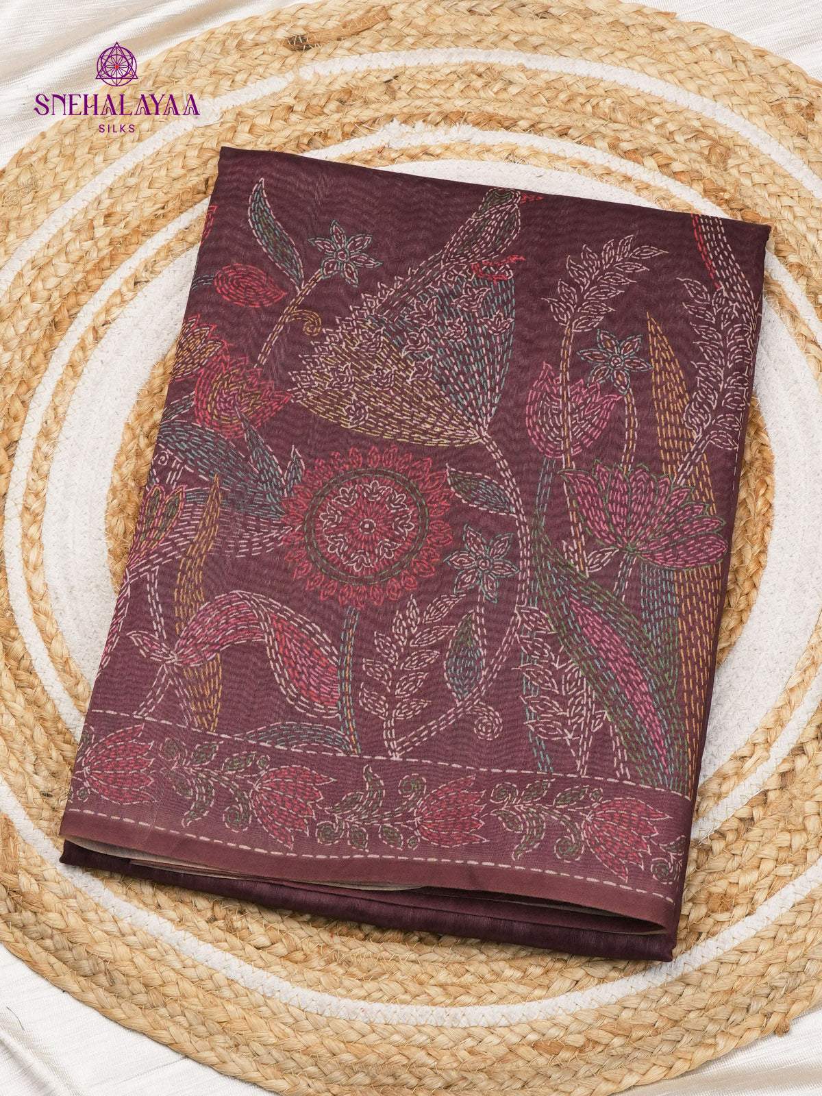 Burgundy Printed Linen Saree