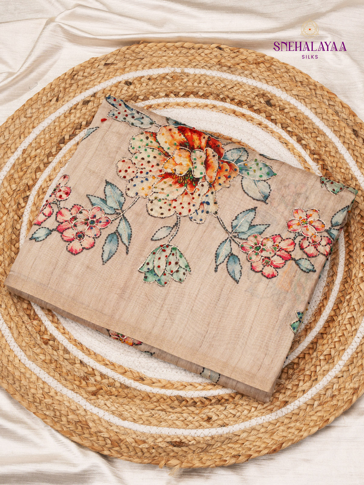 Beige Linen Embroidery Saree