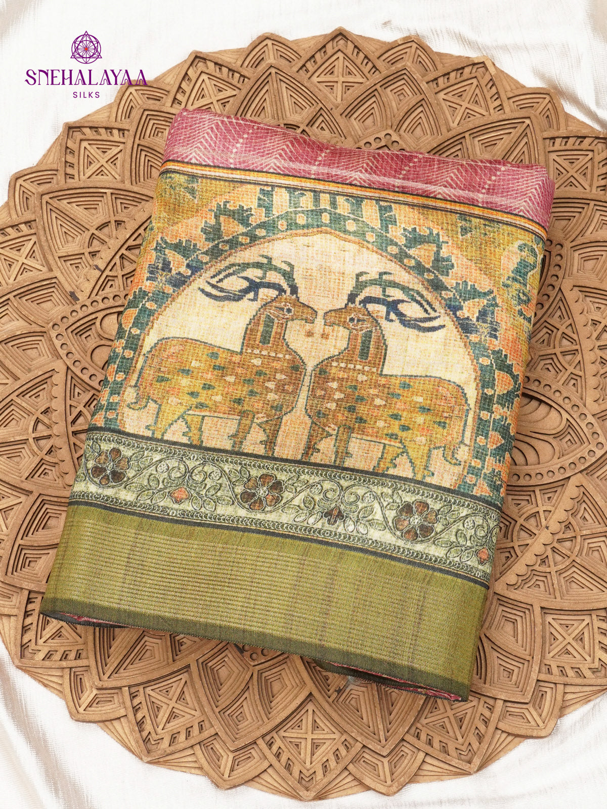 Pink Floral Printed Tussar Saree