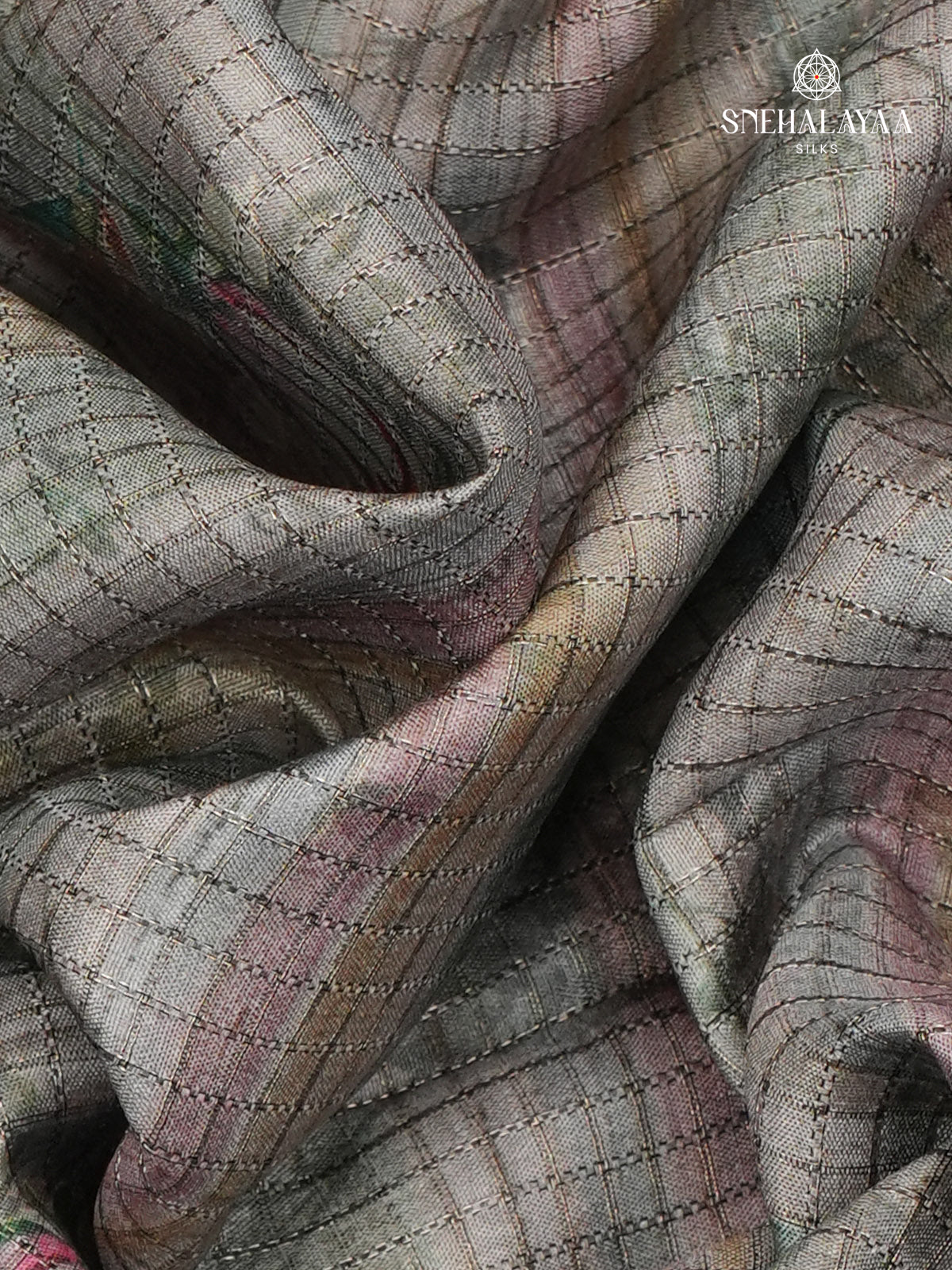 Grey With Mustard Border Floral Printed Tussar Saree