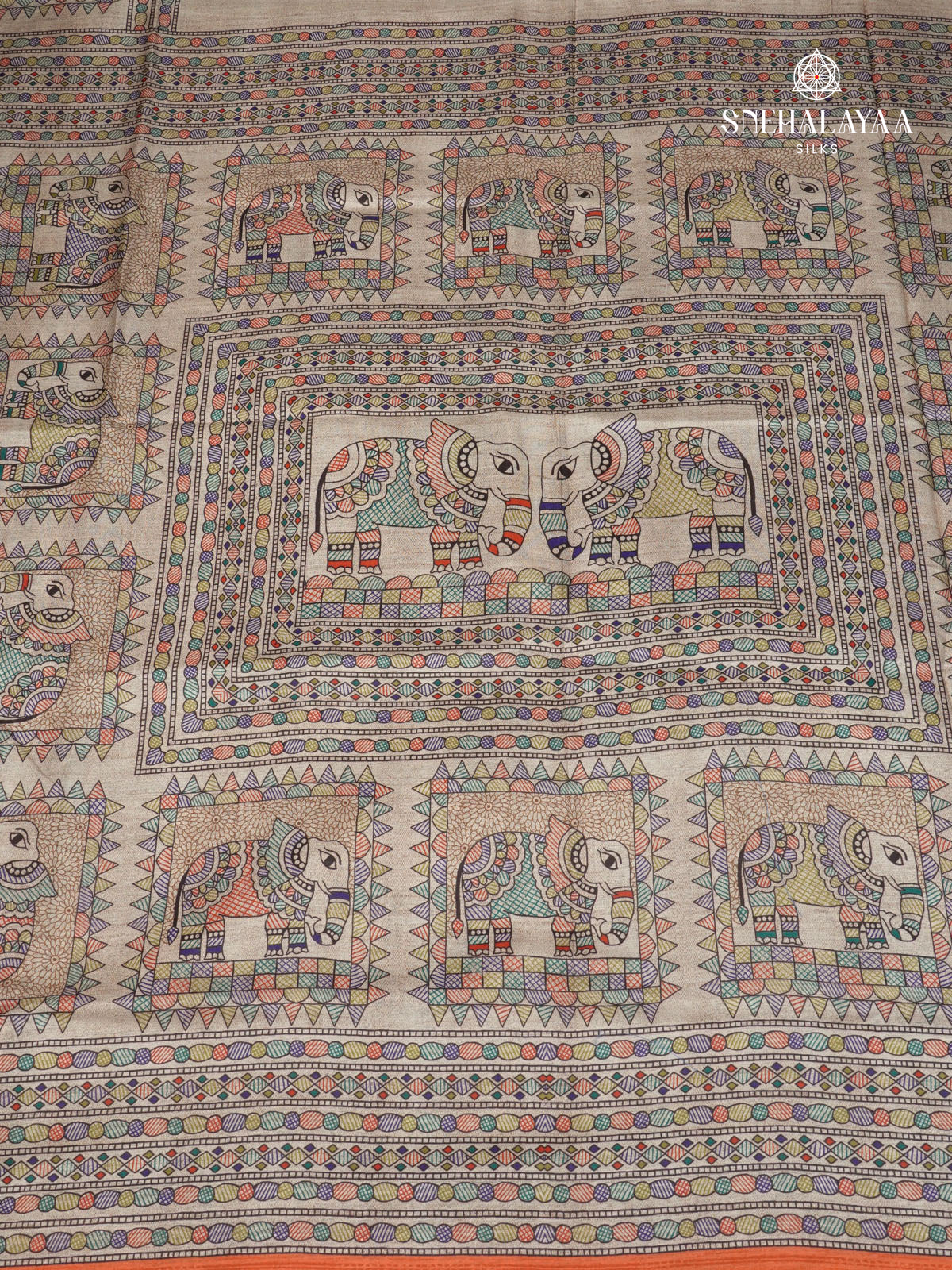 Beige With Orange Border Madhubani Saree