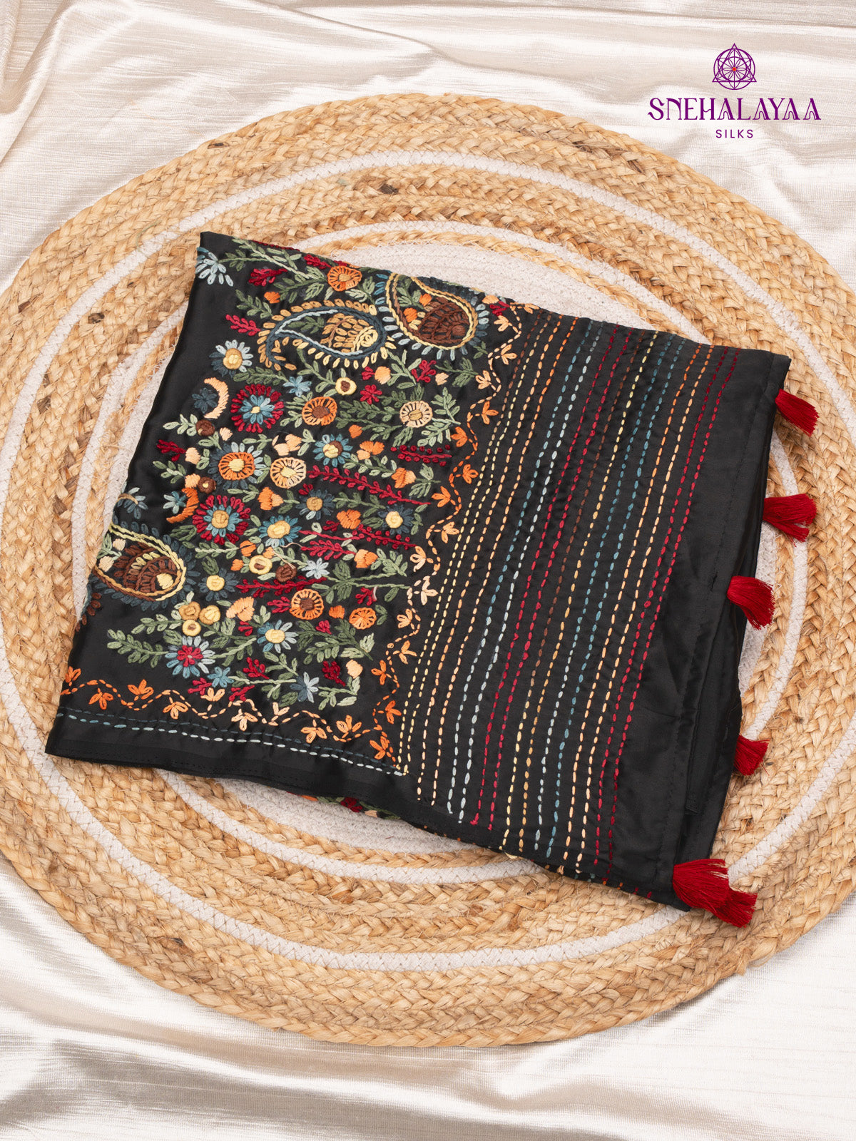 Black Satin Embroidery Saree