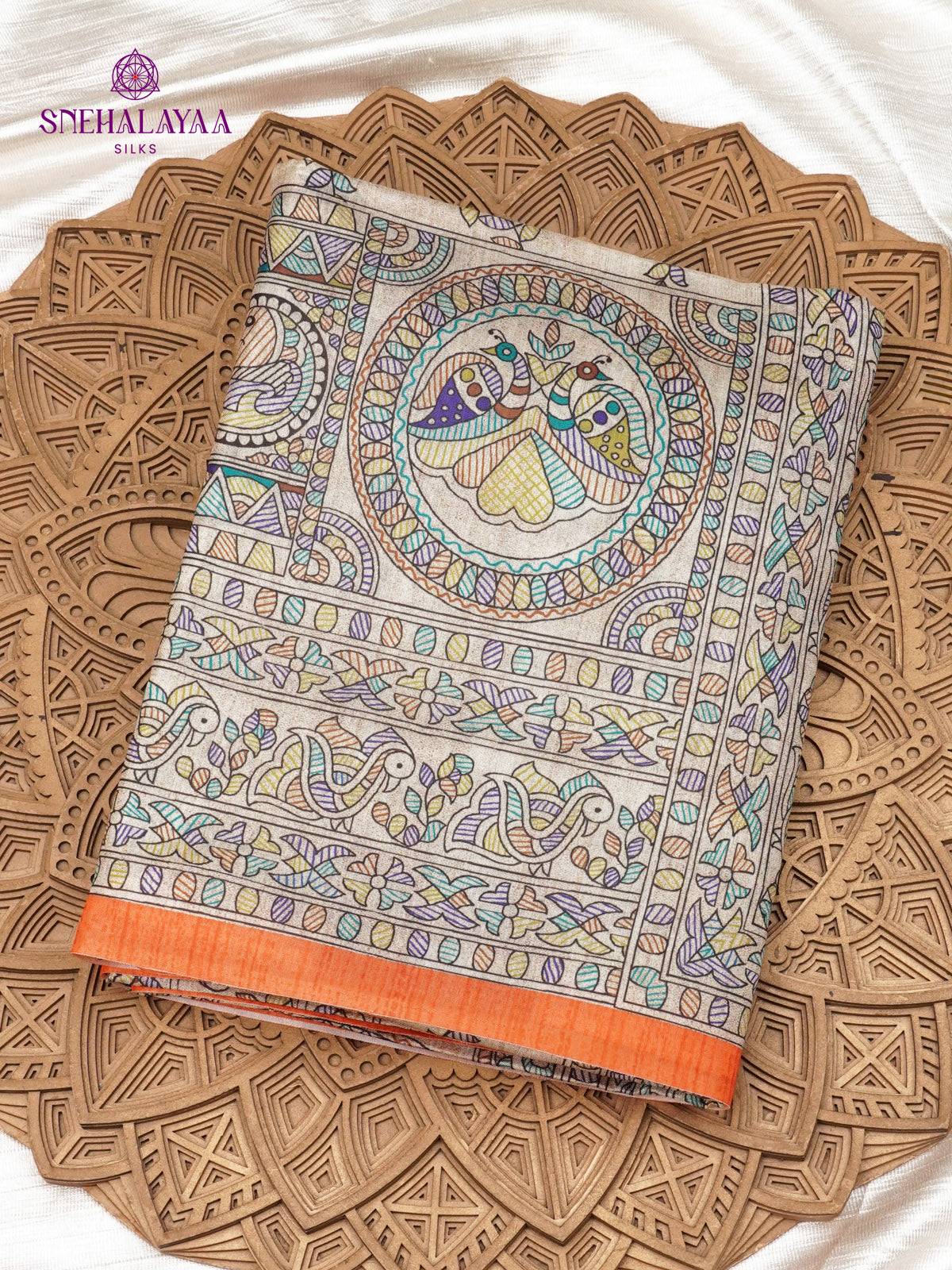 Beige With Orange Border Madhubani Saree