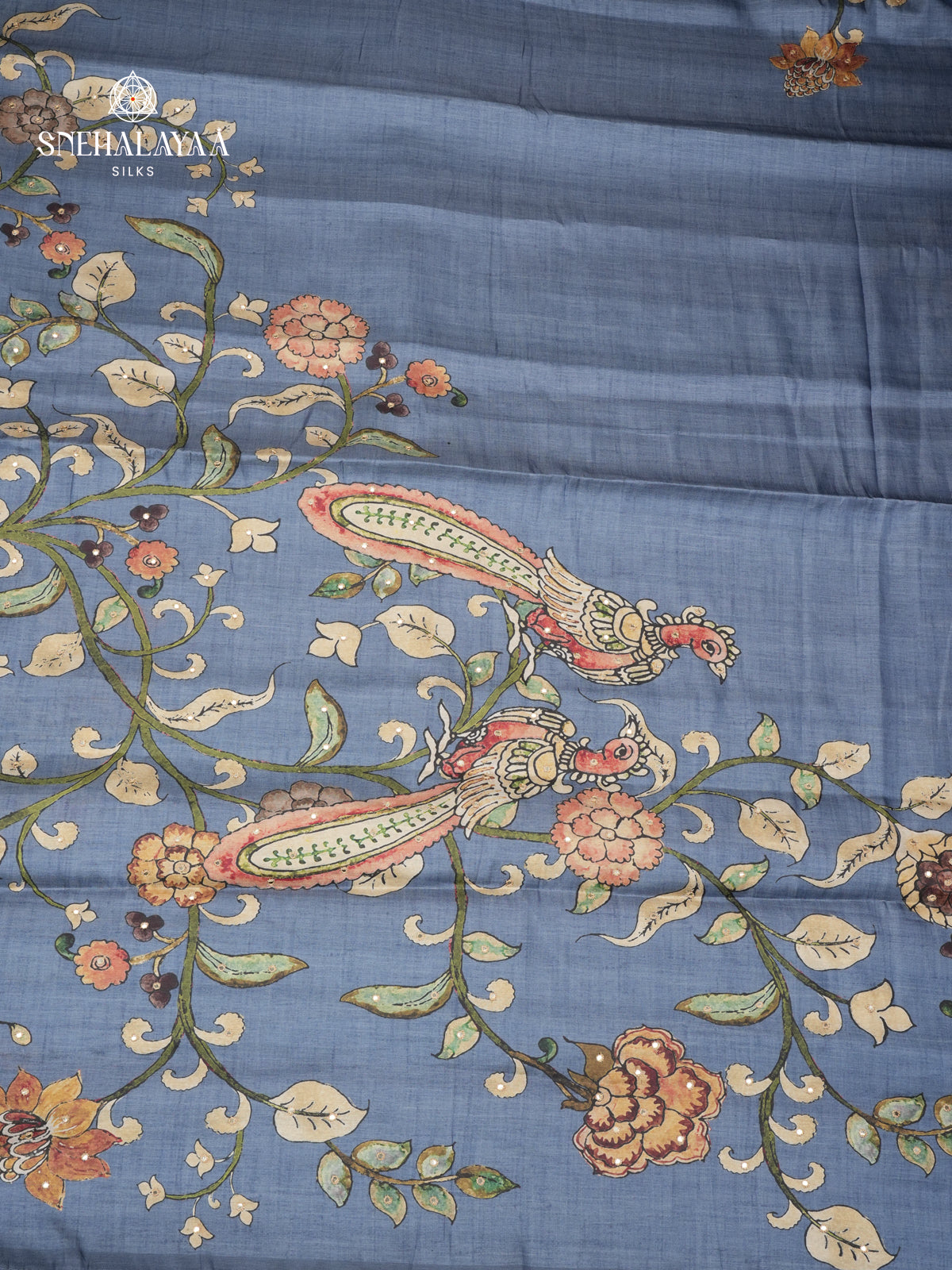 Teal Blue Tussar Embroidery Saree