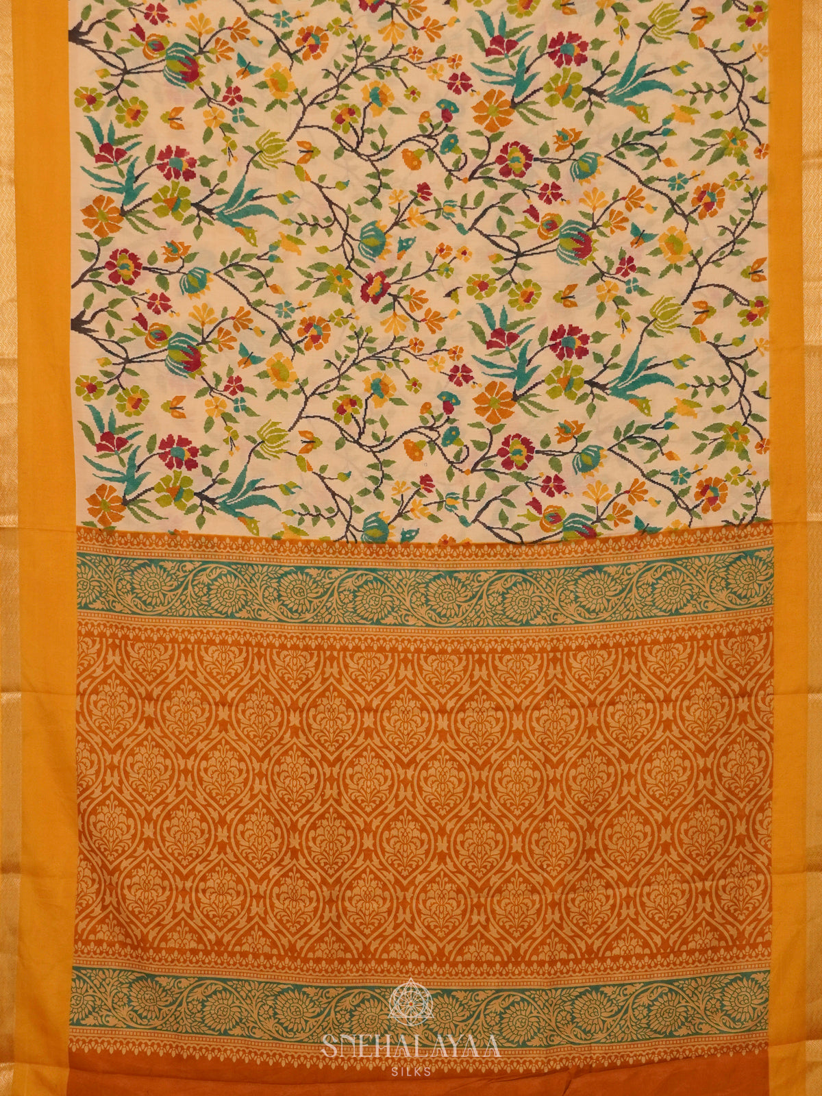 Cream Dola Silk Saree with mustard Yellow Border