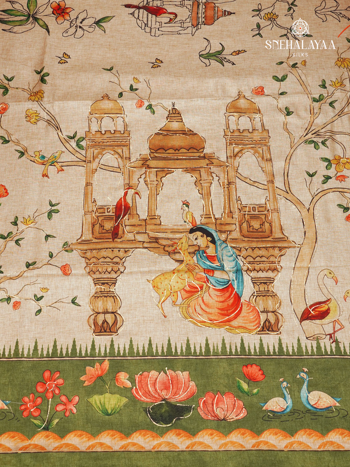 Beige With Olive Green Floral Printed Tussar Saree