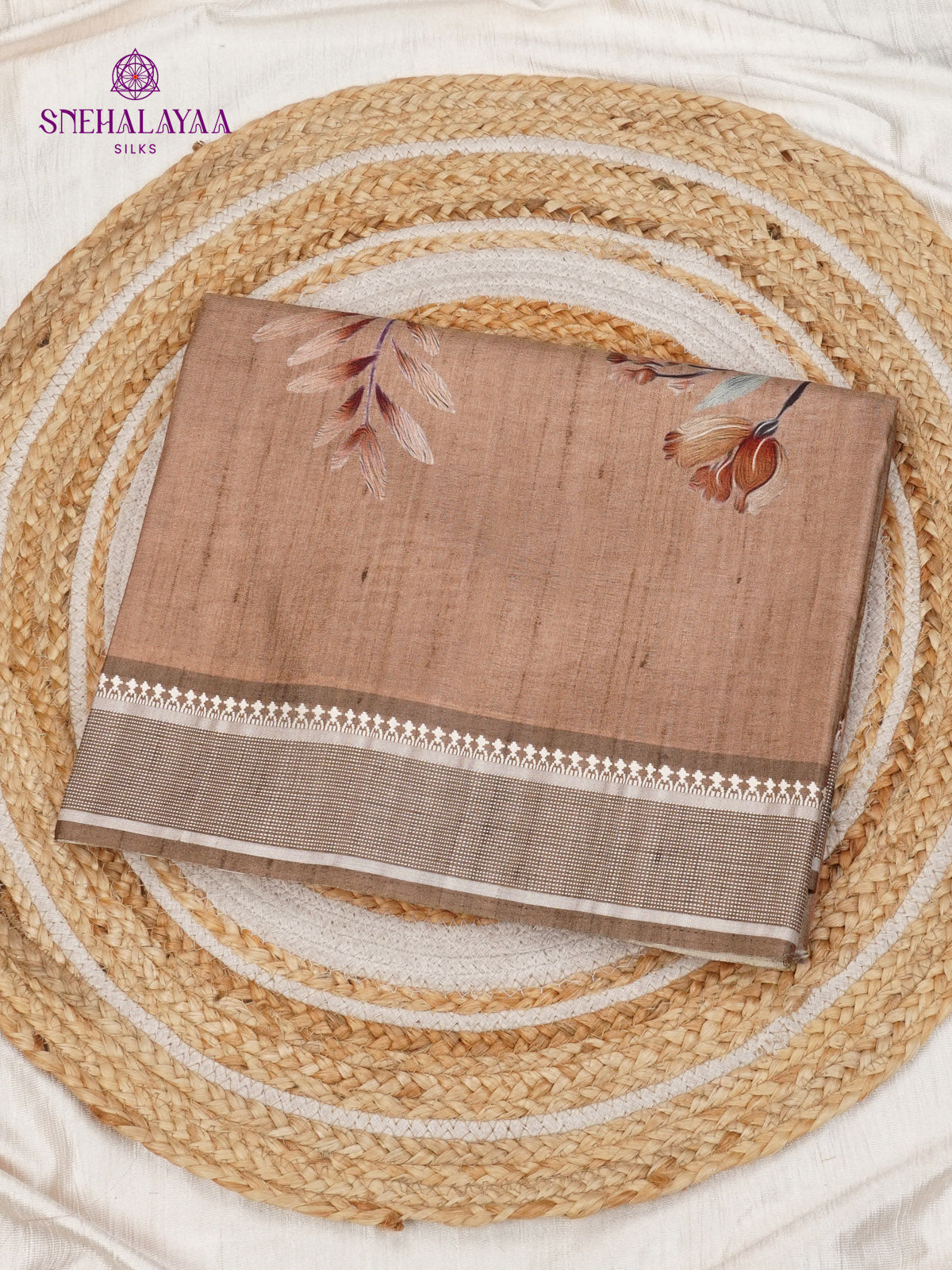 Brown Floral Printed Tussar Saree