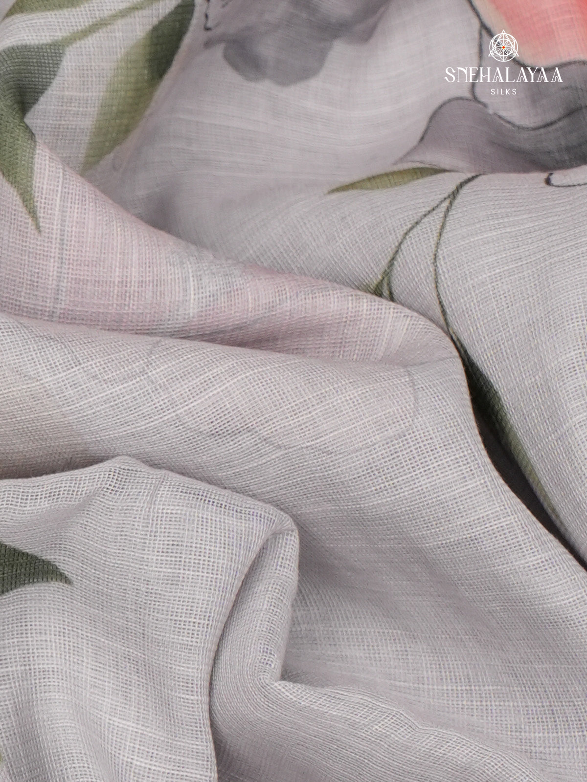 Pastel Grey Printed Linen Saree