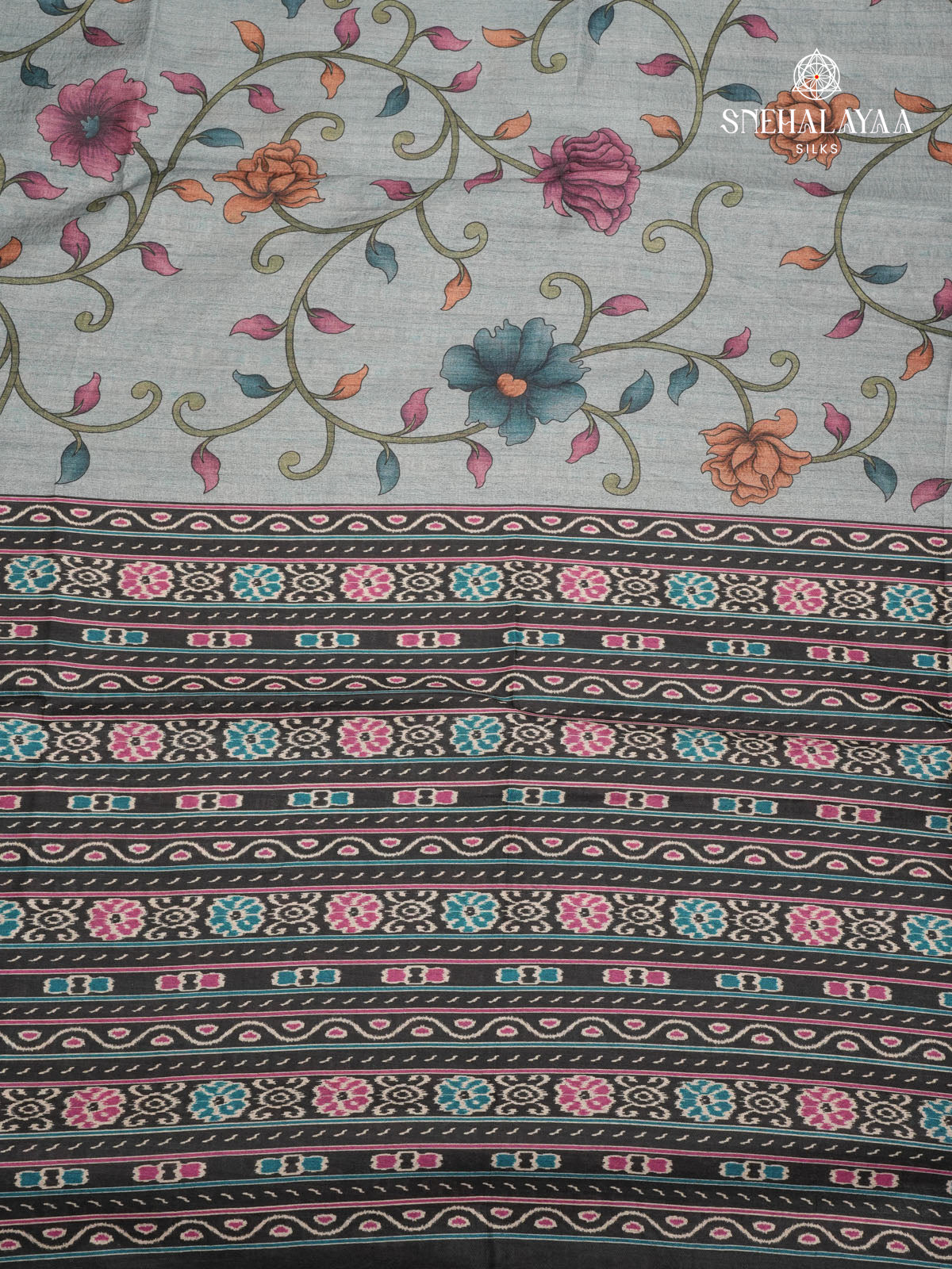 Grey Floral Printed Tussar Saree