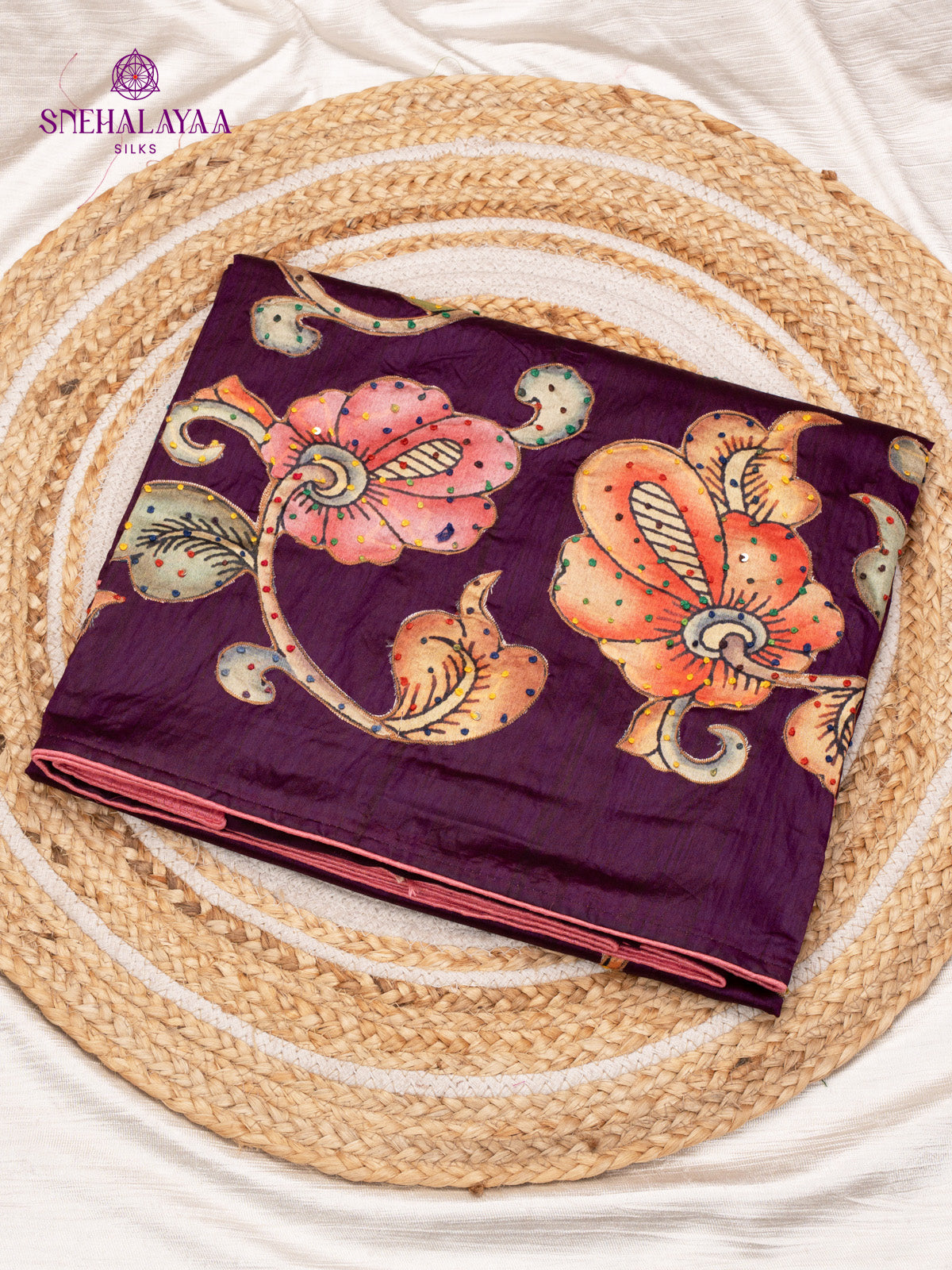 Plum Raw Silk Embroidery Saree