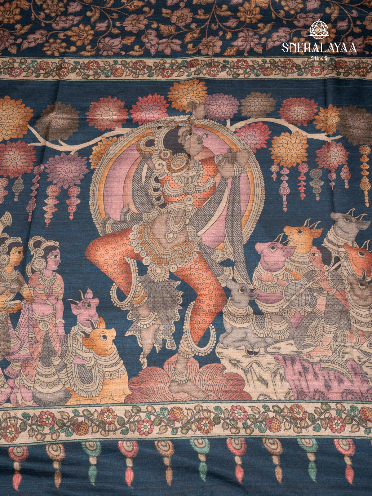 Navy Blue Printed Tussar Saree