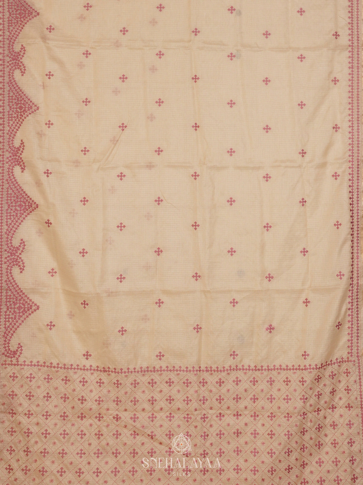 Cream Kota Embroidery Saree With Pink Border