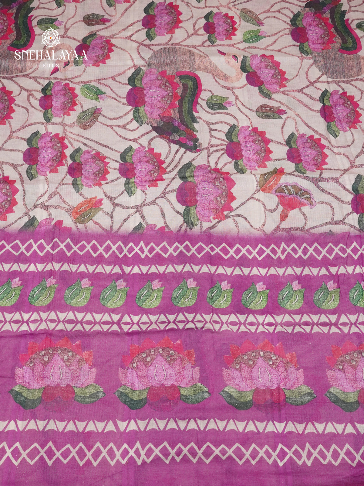 Off White Printed Linen Cotton Saree